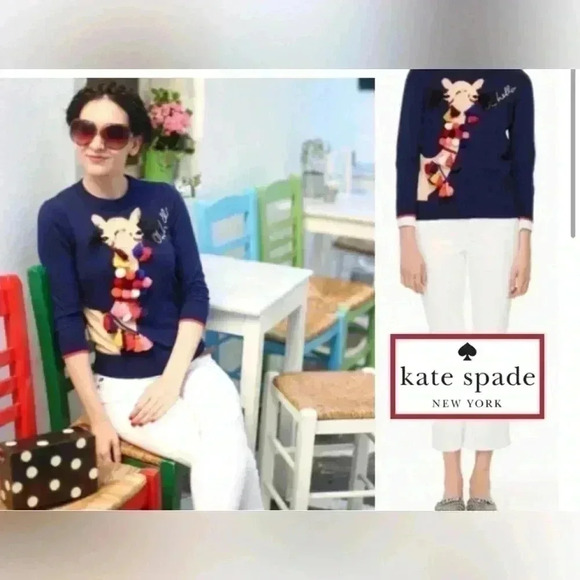 Kate Spade OH Hello Camel Sweater Cashmere Cotton M Embellished Pom Pom Crewneck - Picture 4 of 8